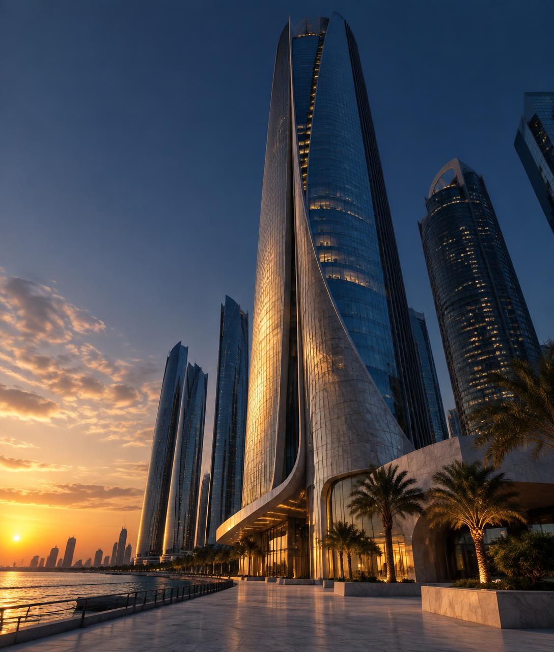 Architectural view of Abu Dhabi’s waterfront towers at dusk